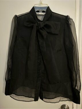 Zara Black Sheer Bow-Tie Blouse